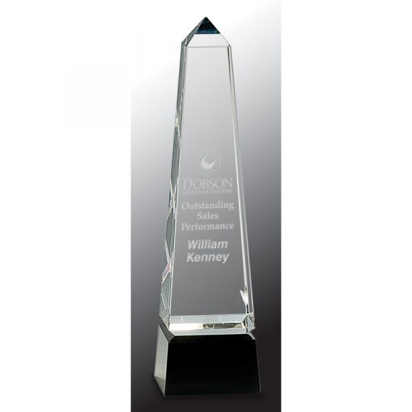 10″ Monument Shape Crystal Award on Black Pedestal Base